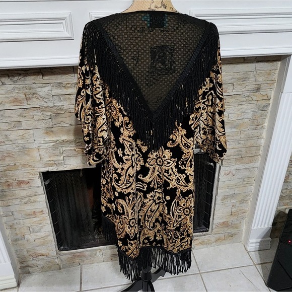 Judith March Black and Gold Velvet, Fringe, and‎ Mesh Kimono Jacket Size Medium - Picture 2 of 9
